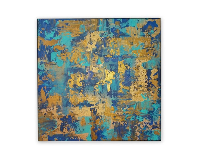 acrylic abstract painting Turquoise, gold/ bronze, blue painting small modern abstract painting by Marcy Chapman  Gracefulness