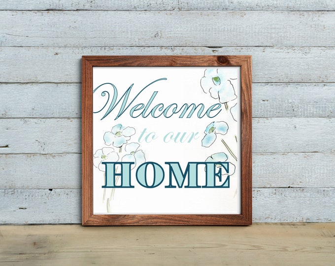 Blue Welcome Botanical, floral farmhouse prints by Marcy Chapman, original signed, mixed media painting, floral wall art modern farmhouse