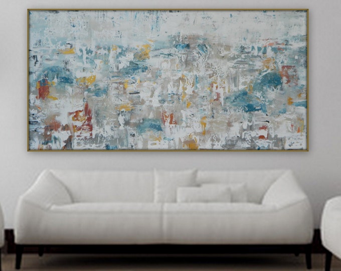 Large Original abstract painting modern gold white blue grey and orange/ red abstract cityscape wall art acrylic painting xl abstract paint