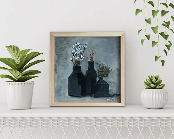 Original framed painting on paper mounted on wood backer, pretty cotton vase navy blue art 13 x 13 x 1.5