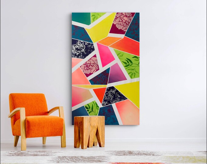 Large abstract, bright pink, yellow , geometric, shapes and texture, circles, squares, rectangular, painting by Marcy Chapman, ready to ship