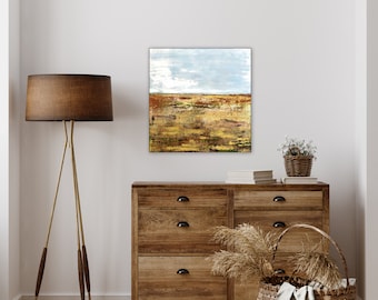 Abstract landscape painting in orange blue and rust colors, boho colors in modern farmhouse contemporary style