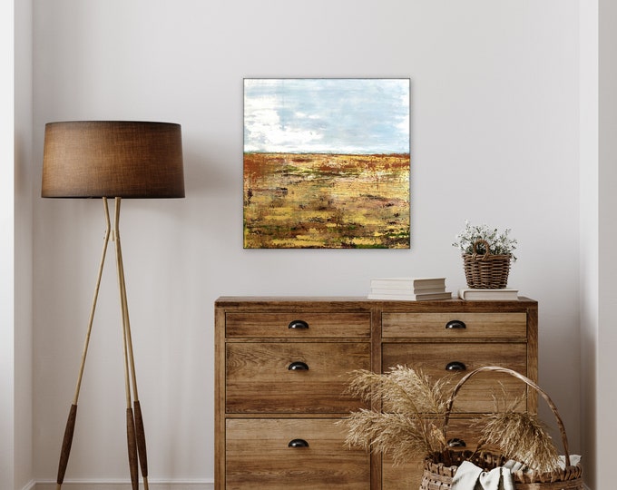 Abstract landscape painting in orange blue and rust colors, boho colors in modern farmhouse contemporary style