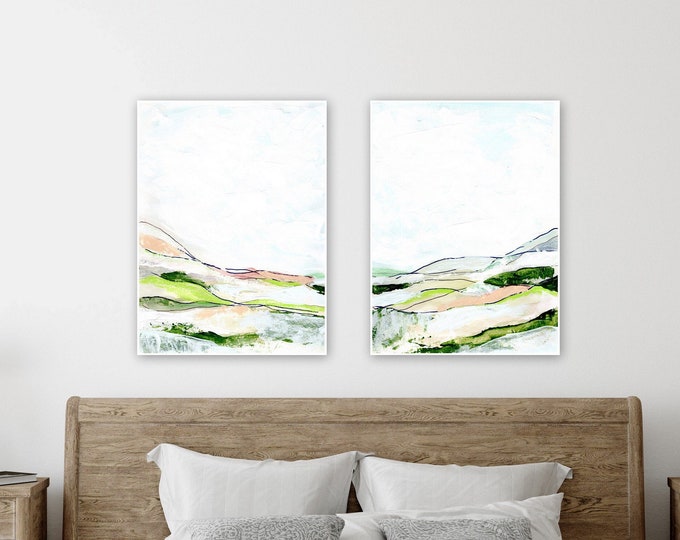 Original abstract landscape painting, mixed media, large abstract paintings for bedroom living room office, pink and green, abstract hill