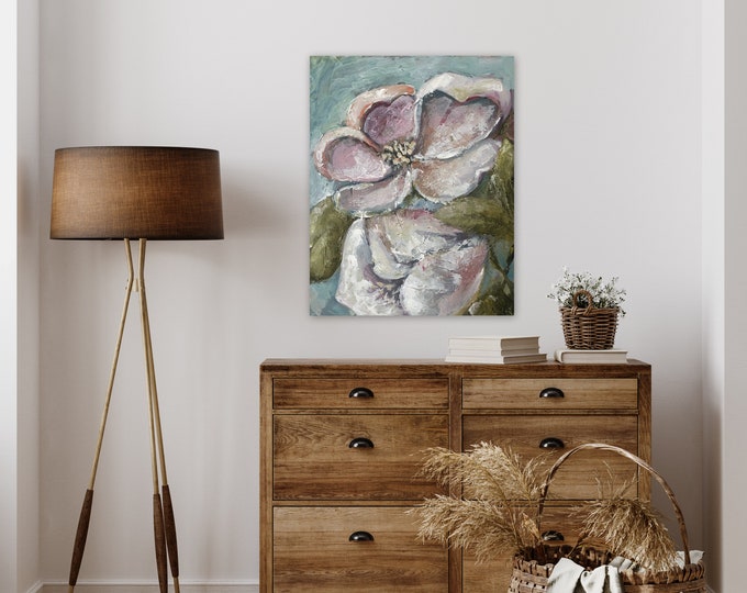 24 x 30 textured floral painting, magnolia art farmhouse wall art orginal paintings by Marcy Chapman pink white pastel colors