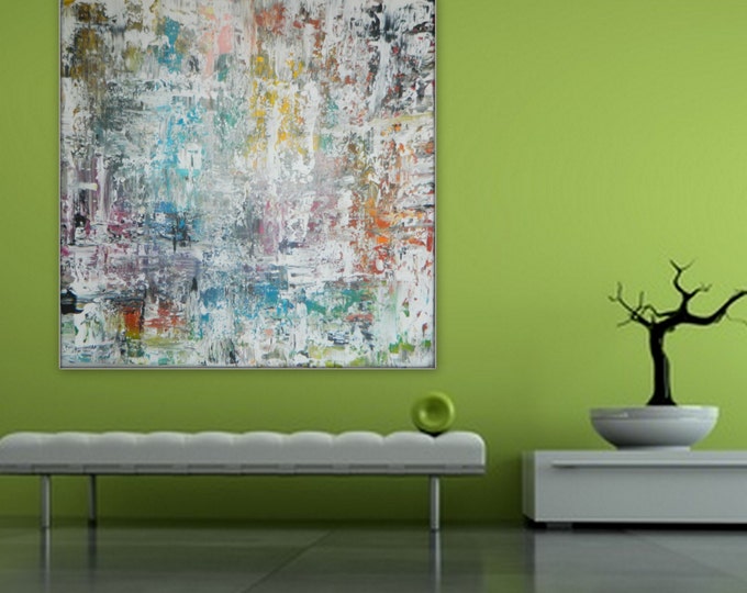 Huge large xl original wall art decor Large Original Abstract acrylic painting wall art deco acrylic White blue green orange, yellow, black