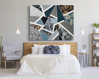 Original, large, huge, abstract painting, 60 x 48 inches, blue, unique painting on canvas, geometric shapes, patterns, acrylic,