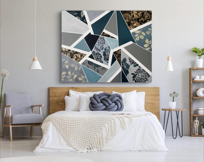 Original, large, huge, abstract painting, 60 x 48 inches, blue, unique painting on canvas, geometric shapes, patterns, acrylic,