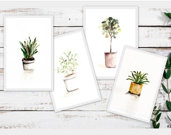 Set of 4 farmhouse potted plant prints, by marcy chapman, ready to frame wall art country wall art pots, botanical print