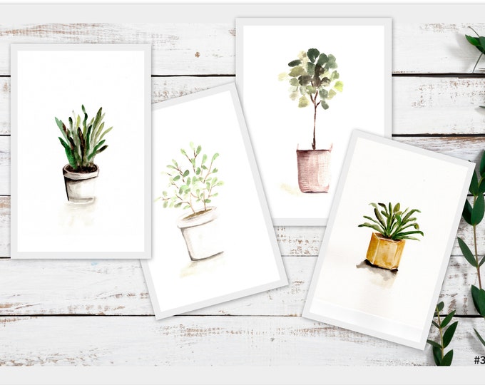 Set of 4 farmhouse potted plant prints, by marcy chapman, ready to frame wall art country wall art pots, botanical print