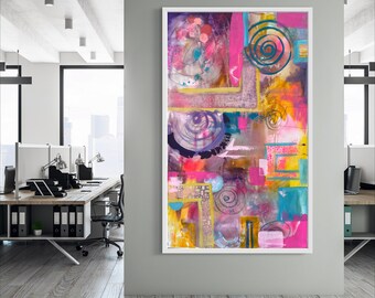 Large abstract, bright pink, yellow , geometric, shapes and texture, circles, squares, rectangular, painting by Marcy Chapman, ready to ship