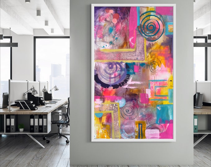 Large abstract, bright pink, yellow , geometric, shapes and texture, circles, squares, rectangular, painting by Marcy Chapman, ready to ship