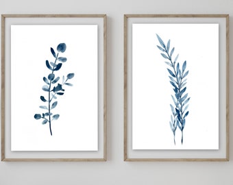 NEW blue botanical living room art prints leaves and eucalyptus prints in navy blue giclee' prints from artist signed prints marcy chapman,