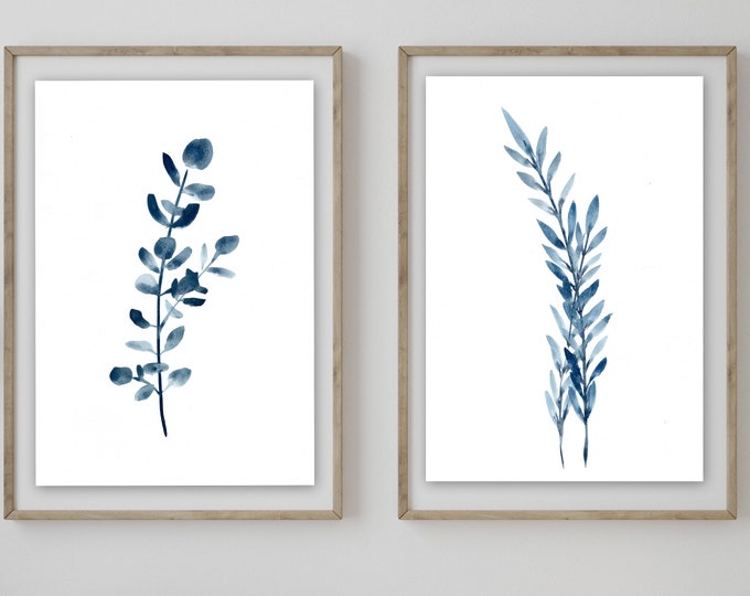 NEW blue botanical living room art prints leaves and eucalyptus prints in navy blue giclee' prints from artist signed prints marcy chapman,