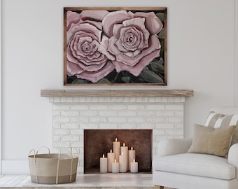 Original Large Acrylic Rose painting, soft pink flower painting, by Marcy Chapman, ready to hang