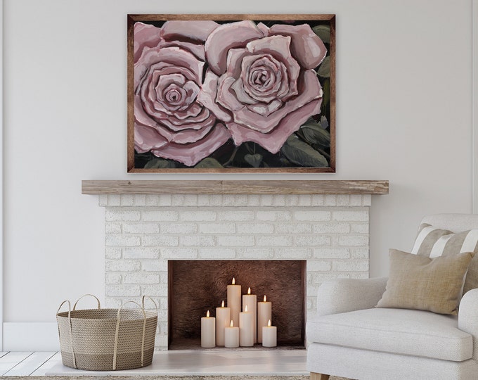 Original Large Acrylic Rose painting, soft pink flower painting, by Marcy Chapman, ready to hang