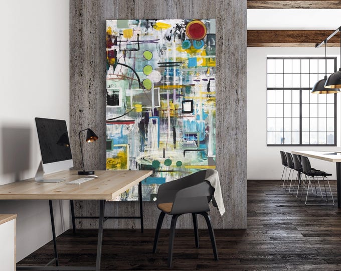 Original, Large, acrylic, geometric painting, canvas wall art, by Marcy Chapman 3 feet x 5feet, extra large, custom, commissioned art