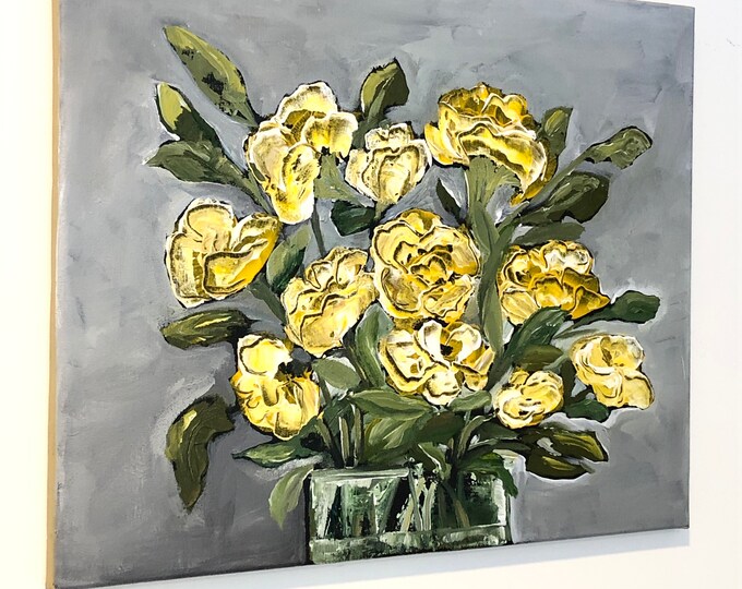 Original yellow rose gray background acrylic painting by Marcy Chapman. 16” x 20” x .5” deep gallery wrapped stretched canvas art small med