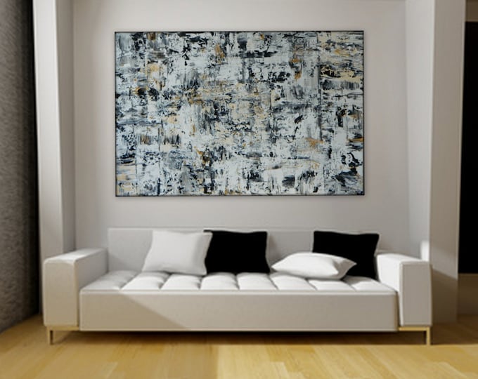 Large original acrylic painting by MARCY CHAPMAN black gold white and gray ~ ready to hang Wall art