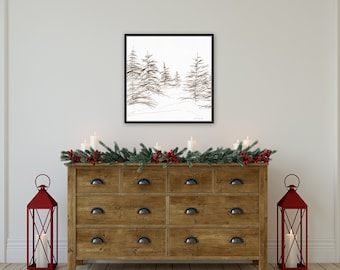 Winter Pine, Giclee paper print for the winter season, winter wall art , suare wall art for christmas. christmas wall decor print, trees