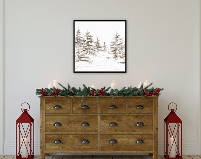 Winter Pine, Giclee paper print for the winter season, winter wall art , suare wall art for christmas. christmas wall decor print, trees