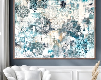 5ft x 4 ft huge abstract mixed media, modern, contemporary. Blue, white,gold, Mandala Art, large wall art, original painting, unstretched te
