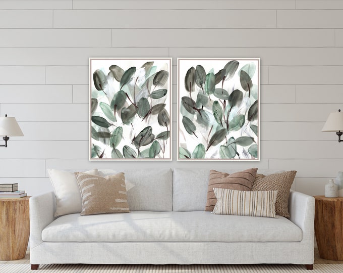 Botanical, leafy floral farmhouse prints by Marcy Chapman, original prints by the artist, mixed media painting, green wall art modern