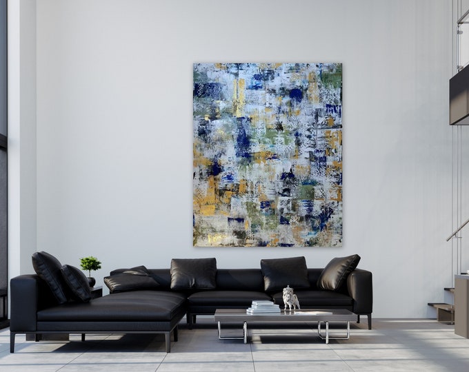 7.5 ft x 6.5 ft Large abstract painting/ gold, navy blue, black, white and sage green