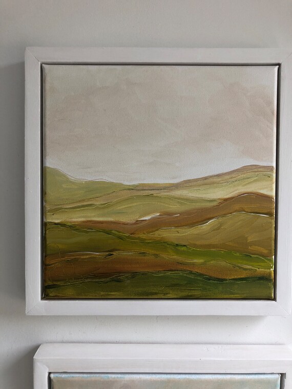 Small original 13” x 13" x 1.5" framed acrylic painting on canvas, abstract green landscape, ready to hang by Marcy Chapman w/ white frame