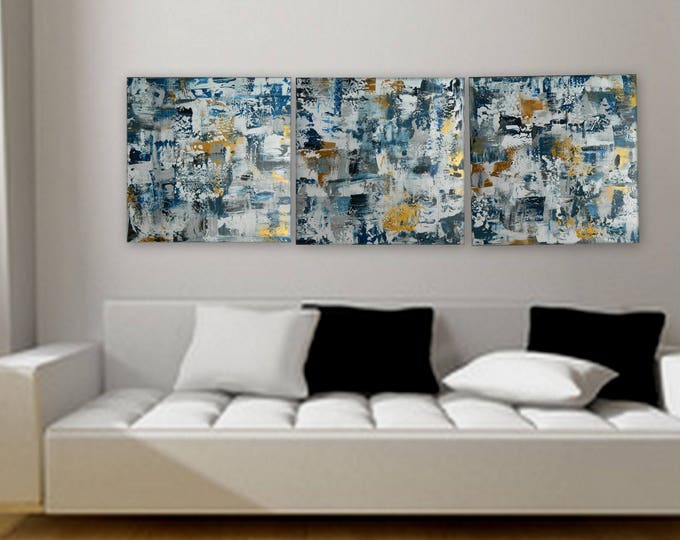 Custom order 3 panel paintings 24" x 24" each Large original at wall decor by Marcy Chapman blue silver gold art custom paintings