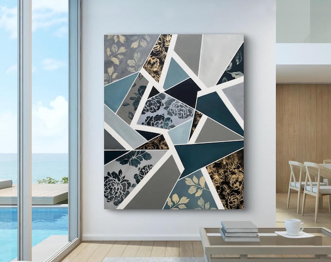 Original, large, huge, abstract painting, 60 x 48 inches, blue, unique painting on canvas, geometric shapes, patterns, acrylic,