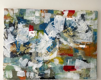 Original, unique abstract colorful, flower painting red blue yellow green art