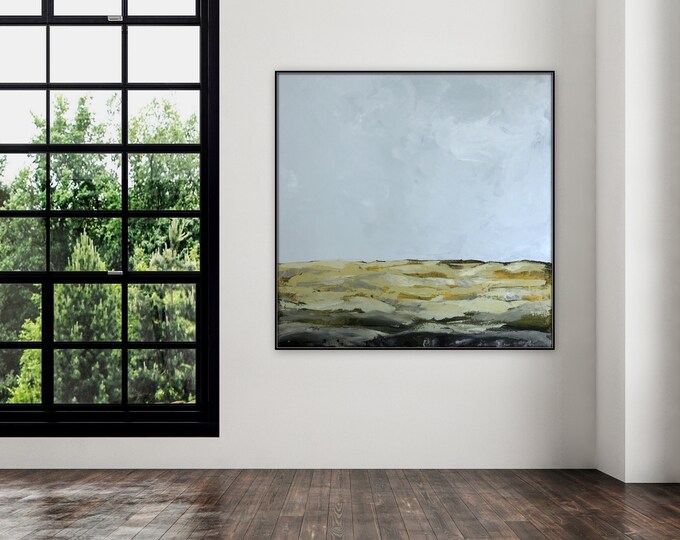 Large scale, abstract landscape, wall art on canvas, shipped on frame, 48 x 48 large painting by MArcy Chapman, green and blue minimal