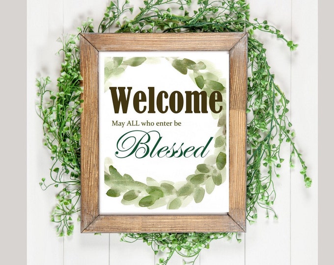 Welcome Botanical wreath, floral farmhouse prints by Marcy Chapman, original signed, mixed media painting, floral wall art modern farmhouse