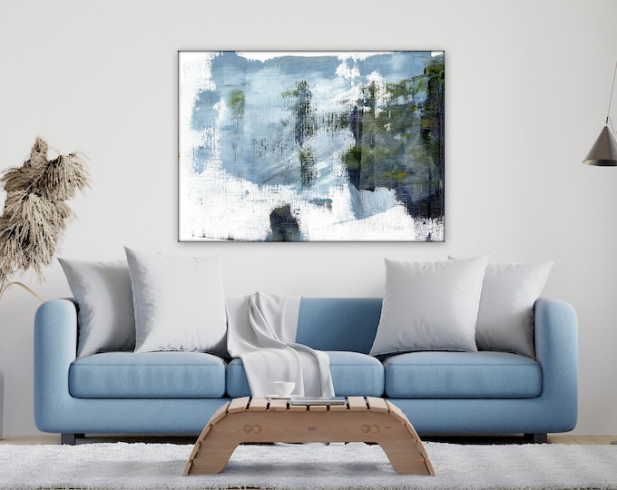 Minimal, modern Huge Original abstract minimal blue and black charcoal painting by Marcy Chapman. Custom order, Sold