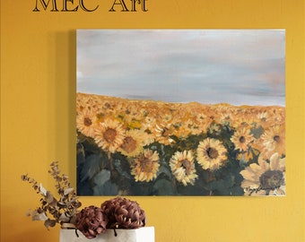 Sunflower field  in North Dakota, inspired  by photo from the 70’s, vintage, faded original artwork, acrylic painting by Marcy Chapman