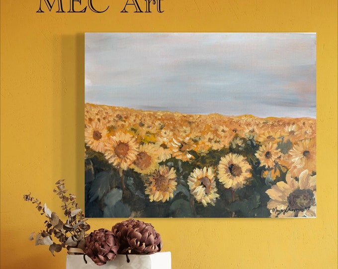 Sunflower field  in North Dakota, inspired  by photo from the 70’s, vintage, faded original artwork, acrylic painting by Marcy Chapman