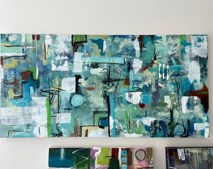 Unique original abstract, shapes geometric wall art  24” x48” painting blue and turquoise modern, ready to hang, framed