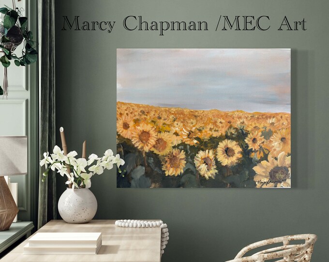 Sunflower field  in North Dakota, inspired  by photo from the 70’s, vintage, faded original artwork, acrylic painting by Marcy Chapman