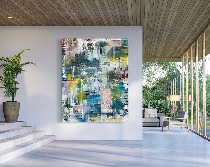 Original, ready to ship, huge abstract painting by Marcy Chapman 5ft x 4 ft modern, contemporary art, blue, pink, yellow, turquoise, white