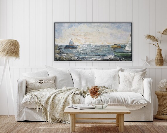 Original acrylic Coastal wall art Large sailboat / ocean painting, seacoast art, 24" x 48" x 1.5 ready to hang original art