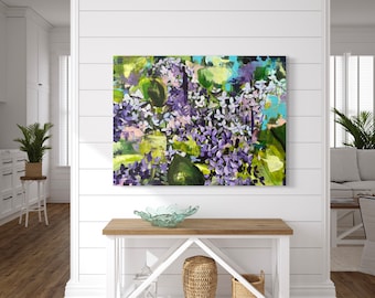 Original, large, abstract painting of lilacs blurred, canvas wall art, unique abstract flowers. Marcy Chapman