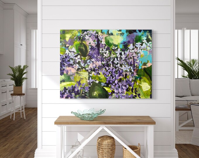 Original, large, abstract painting of lilacs blurred, canvas wall art, unique abstract flowers. Marcy Chapman