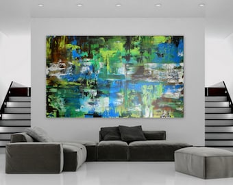 Huge Custom Order Abstract Modern Contemporary Painting Marcy Chapman wall art decor extra large blue olive green teal turquoise  XXL