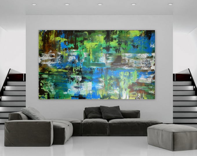 Huge Custom Order Abstract Modern Contemporary Painting Marcy Chapman wall art decor extra large blue olive green teal turquoise  XXL