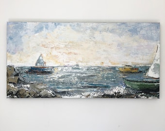 Original acrylic Coastal wall art Large sailboat / ocean painting, seacoast art, 24" x 48" x 1.5 ready to hang original art