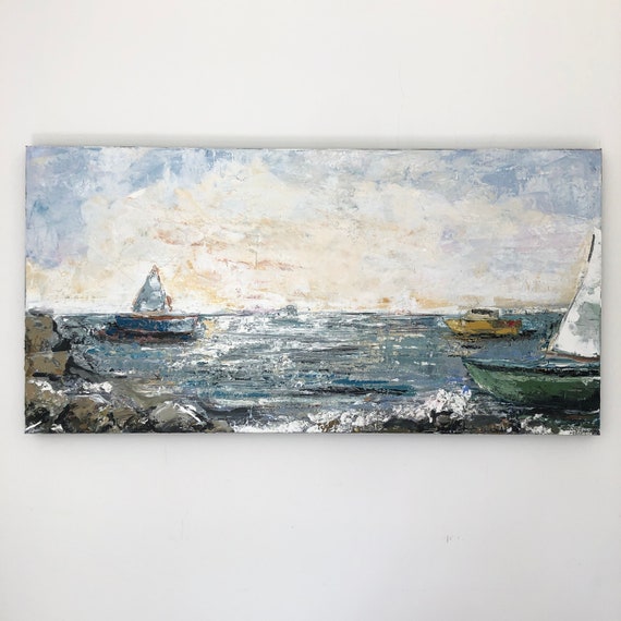Large sailboat / ocean painting, seacoast art, 24" x 48" x 1.5 ready to hang original art
