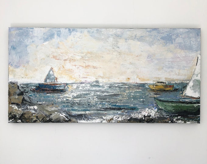 Original acrylic Coastal wall art Large sailboat / ocean painting, seacoast art, 24" x 48" x 1.5 ready to hang original art