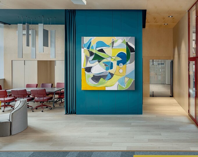 Original, modern, unique, geometric, abstract, colorful, bright, wall art, pop, deco, yellow, green, blue art, Marcy Chapman original