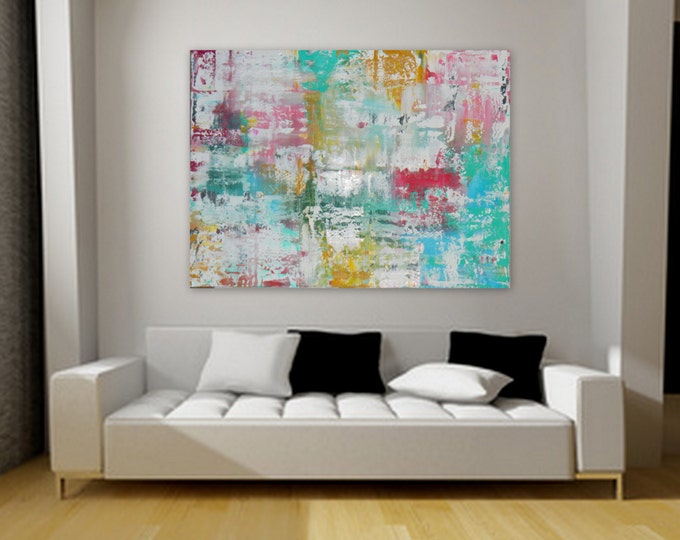 Huge Large original modern acrylic abstract painting wall art home decore chic turquoise pink yellow  gold blue custom order original canvas